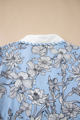 Sky Blue Floral Striped Printed Polo Collar Short Sleeve Blouse