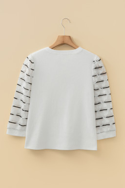 White Button Placket 3/4 Striped Sleeve Patchwork Rib Knit Top