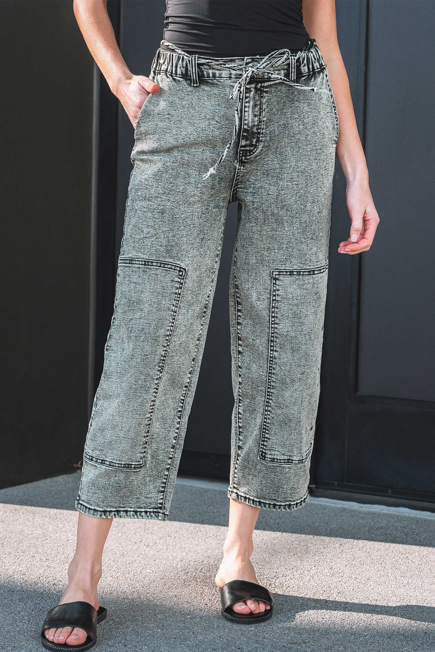 Gray Acid Wash Barrel Fit Denim Pants with Waist String