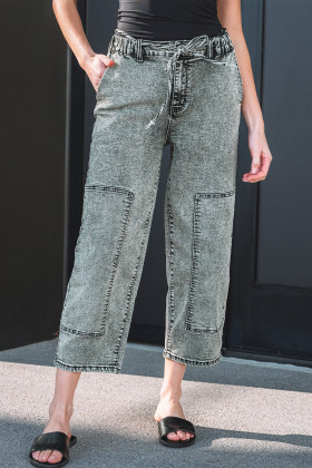 Gray Acid Wash Barrel Fit Denim Pants with Waist String