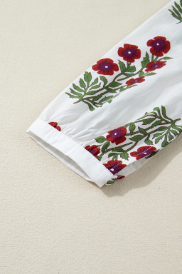 White Frilled V Neck 3/4 Sleeve Loose Floral Dress