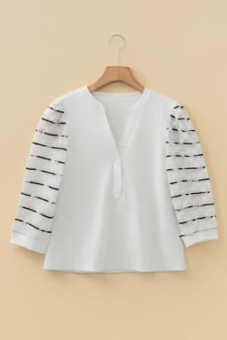White Button Placket 3/4 Striped Sleeve Patchwork Rib Knit Top