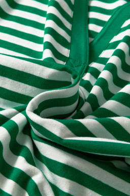 Green Stripe Collared V Neck Short Puff Sleeve Top
