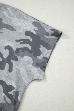 Gray Camouflage Print Round Neck T Shirt