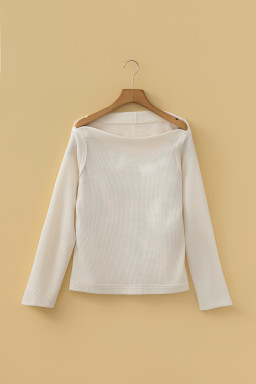 Beige Solid Color Waffle Knit Asymmetric Neck Long Sleeve Top