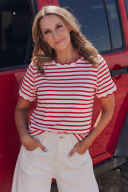 Red Stripe Scalloped Trim Round Neck T Shirt