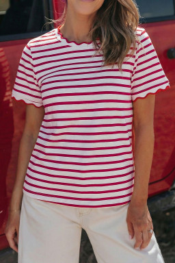 Red Stripe Scalloped Trim Round Neck T Shirt