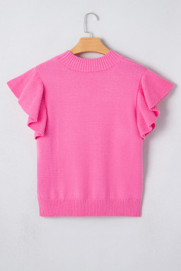 Sachet Pink Solid Color Ribbed Trim Round Neck Ruffle Short Sleeve Sweater