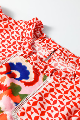 Red Paisley Geometric Mixed Print Patchwork Puff Sleeve Blouse Top