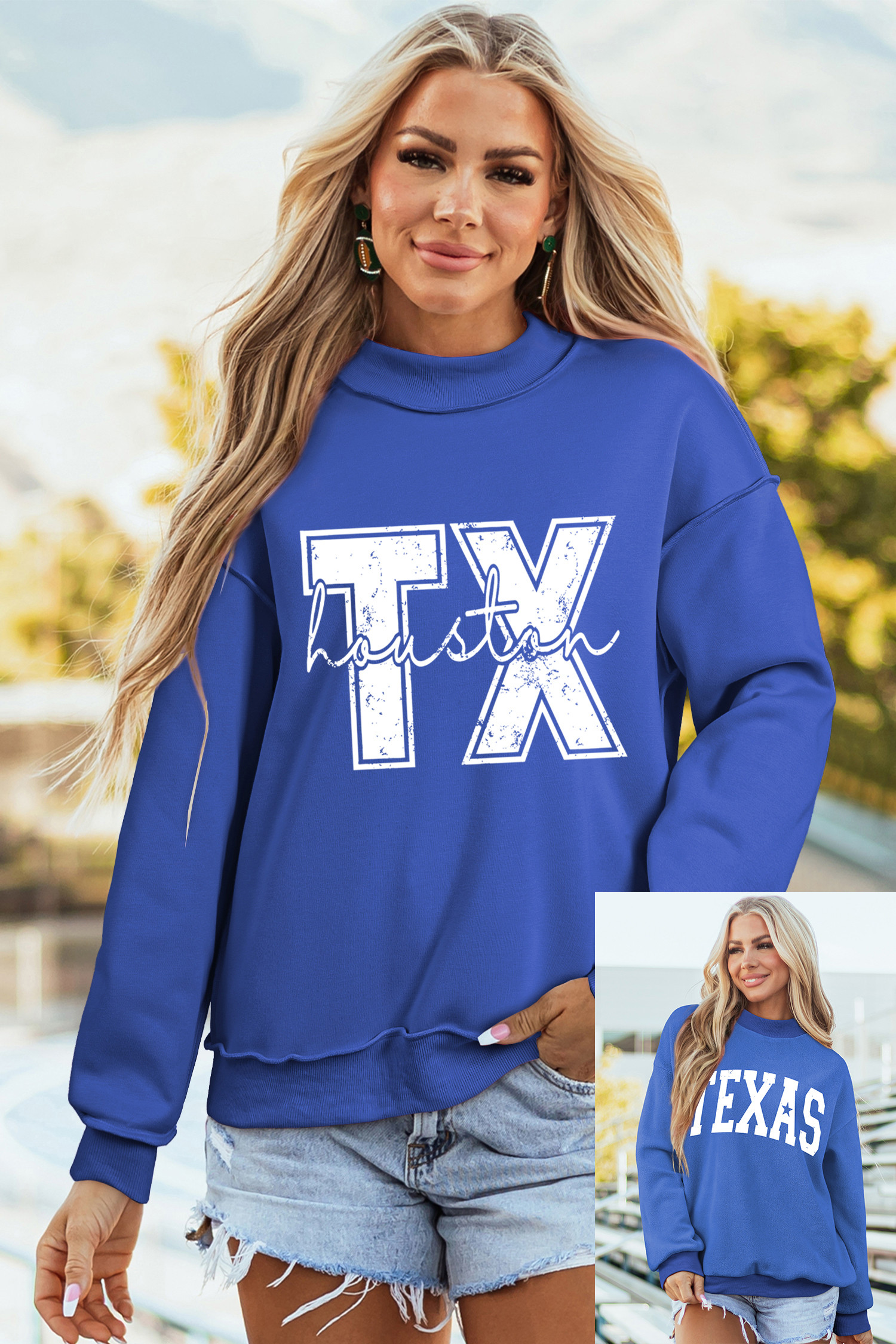 Dark Blue Texas Graphic Mock Neck Reversible Sweatshirt
