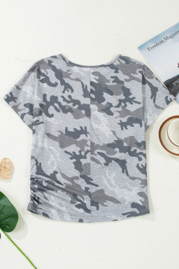 Gray Camouflage Print Round Neck T Shirt