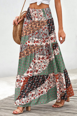 Multicolor Boho Print Tie-Up Waist Long Maxi Skirt