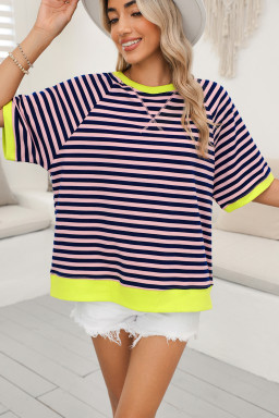 Pink Stripe Contrast Ribbed Patchwork Oversize T Shirt