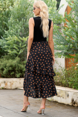 Black Floral Patchwork Asymmetric Ruffle Skirt Solid Tank Bodice Cocktail Dress