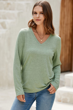 Grass Green Solid Color V Neck Long Sleeve Stretchy Top
