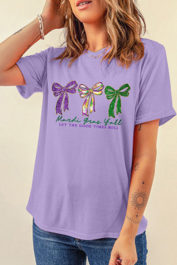 Wisteria Mardi Gras Ribbon Bow Slogan Printed Casual T Shirt