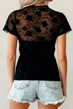 Black Floral Lace Mesh Short Sleeve Sheer Top