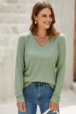 Grass Green Solid Color V Neck Long Sleeve Stretchy Top