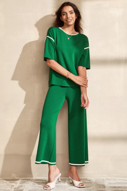 Blackish Green Contrast Trim Half Sleeve Top Drawstring Pants Loose 2pcs Sweater Suit