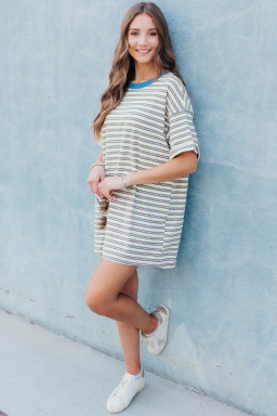 White Stripe Drop Shoulder Cuffed Sleeve Loose Tunic T Shirt Mini Dress
