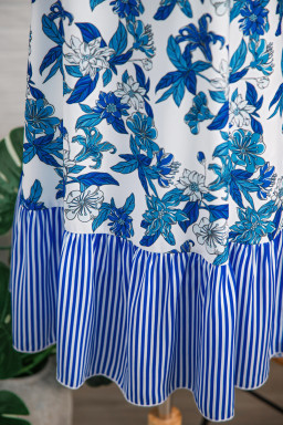 Sky Blue Floral Print U Neck Sleeveless Striped Ruffle Hem Patchwork Dress