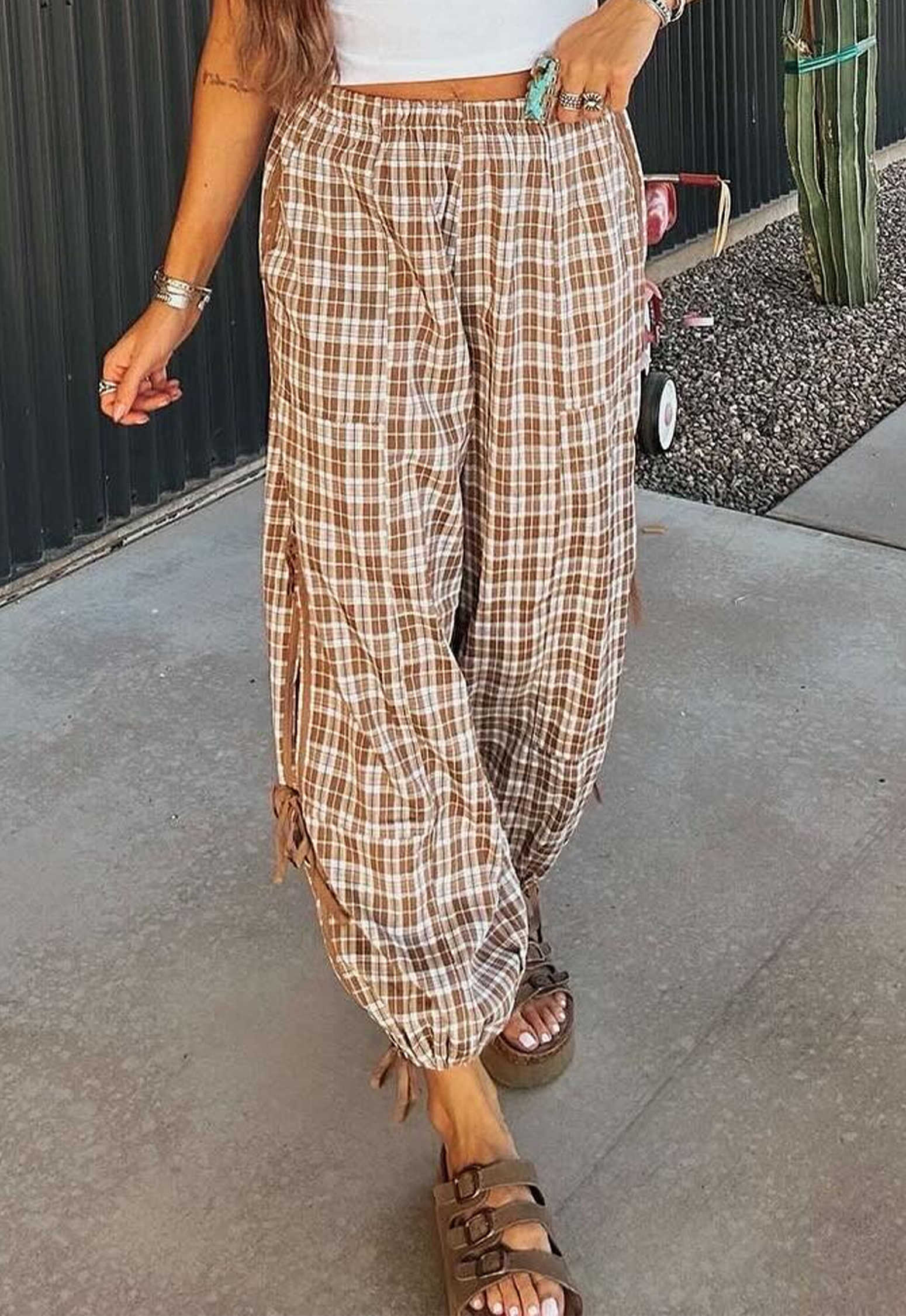 Chestnut Plaid Print Elastic Waist Bow Tie Contrast Detail Jogger Pants