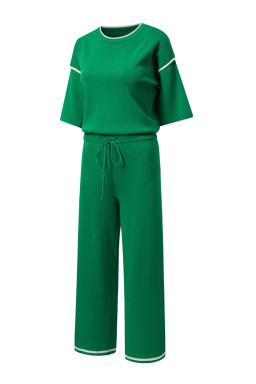Blackish Green Contrast Trim Half Sleeve Top Drawstring Pants Loose 2pcs Sweater Suit