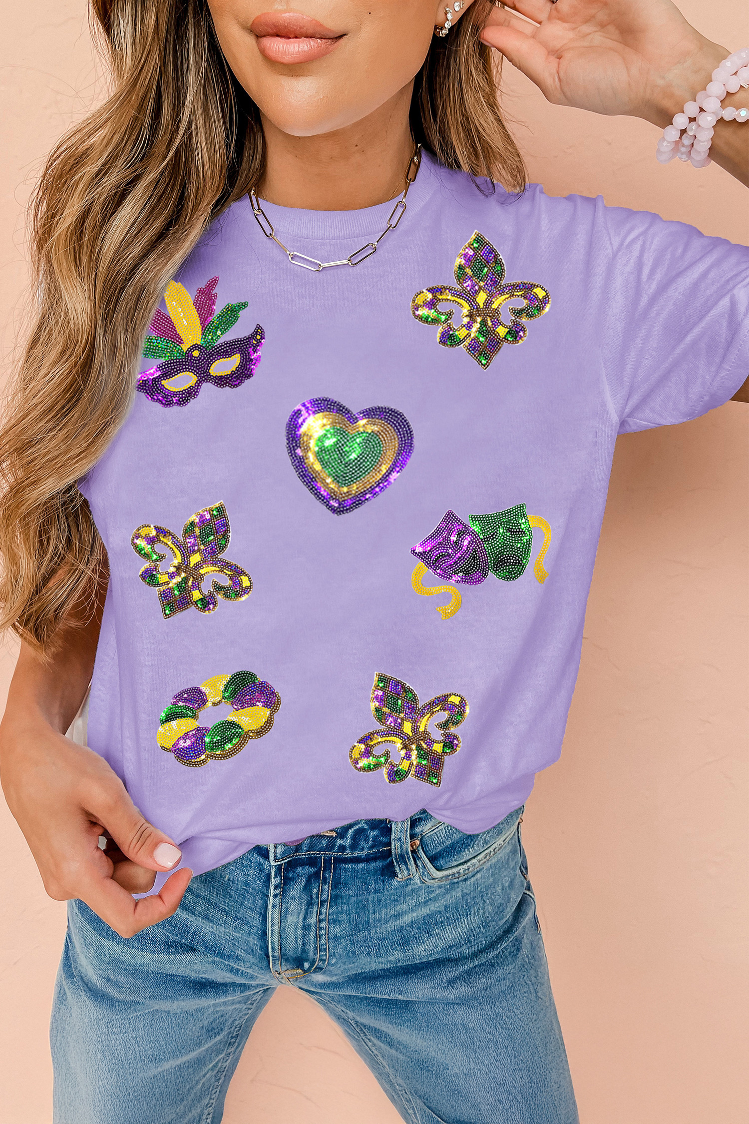 Wisteria Sequined Mardi Gras Symbolic Pattern Casual Tee