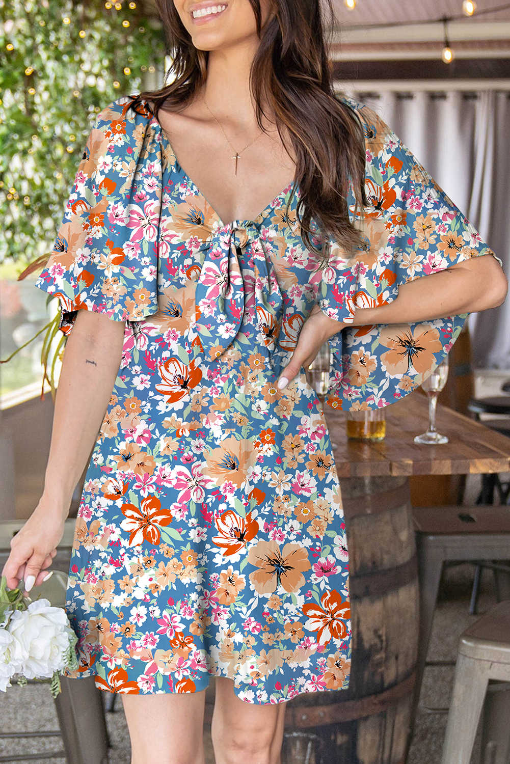 Sky Blue Floral Printed Knot V Neck Loose Sleeve Mini Dress