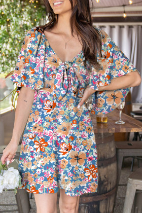 Sky Blue Floral Printed Knot V Neck Loose Sleeve Mini Dress