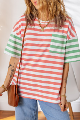 Pink Stripe Drop Shoulder Casual T Shirt