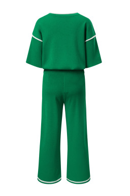 Blackish Green Contrast Trim Half Sleeve Top Drawstring Pants Loose 2pcs Sweater Suit