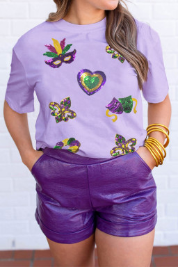 Wisteria Sequined Mardi Gras Symbolic Pattern Casual Tee