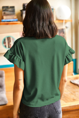Blackish Green Solid Color Ribbed Ruffled Short Sleeve T Shirt