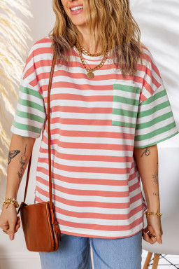 Pink Stripe Drop Shoulder Casual T Shirt