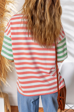 Pink Stripe Drop Shoulder Casual T Shirt