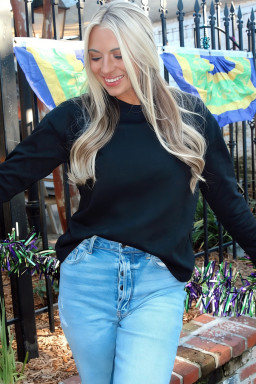 Black Solid Color Dropped Shoulder Long Sleeve Top