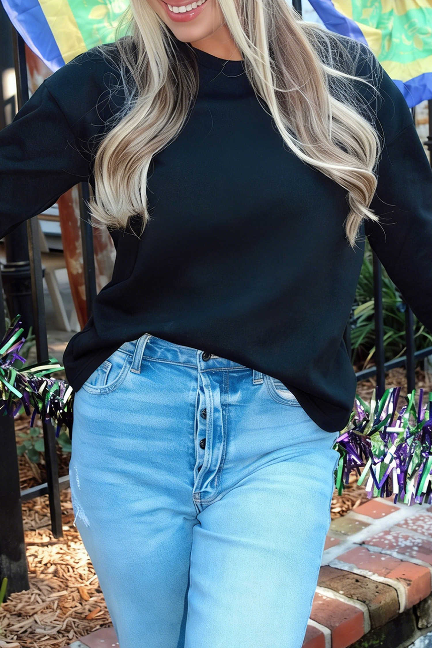 Black Solid Color Dropped Shoulder Long Sleeve Top
