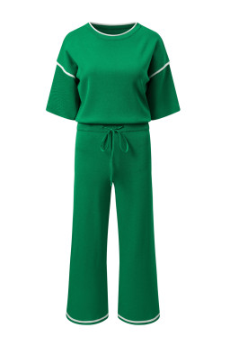 Blackish Green Contrast Trim Half Sleeve Top Drawstring Pants Loose 2pcs Sweater Suit