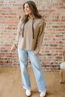 Parchment Thermal Textured Leopard Drawstring Baggy Hoodie