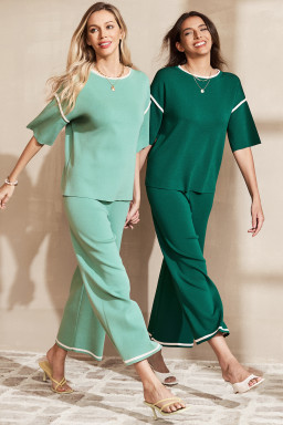 Blackish Green Contrast Trim Half Sleeve Top Drawstring Pants Loose 2pcs Sweater Suit