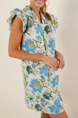 Beige Floral Print V Neck Triple Ruffle Short Sleeve Shift Mini Dress