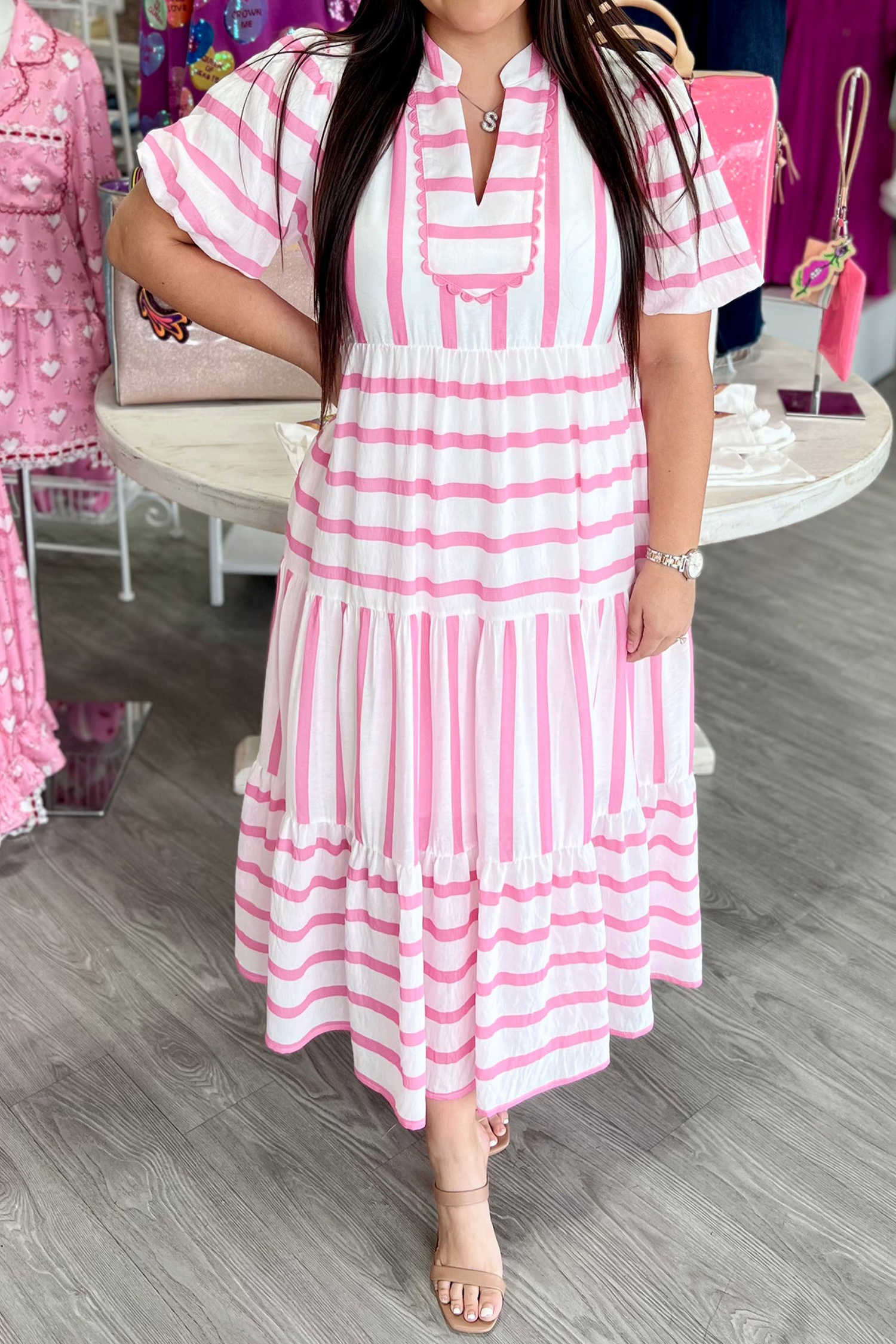 Pink Stripe Plus Size V Neck Short Puff Sleeve Tiered Maxi Dress