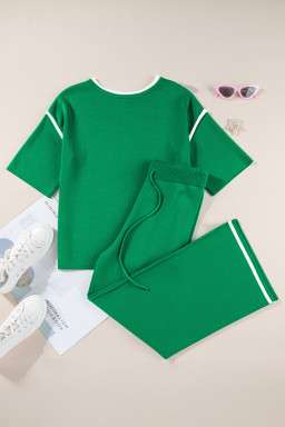 Blackish Green Contrast Trim Half Sleeve Top Drawstring Pants Loose 2pcs Sweater Suit