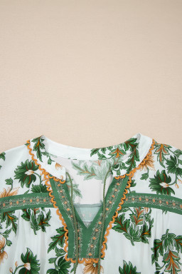 Green Plus Size Floral Printed Contrast Patchwork Detail Tassel Tie 3/4 Sleeve Blouse