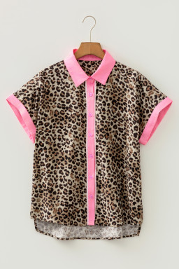 Leopard Print Contrasted Trim Animal Short Sleeve Shirt