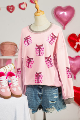 Light Pink Sequin Valentines Heart Gift Box Waffle Color Block Patchwork Sweatshirt