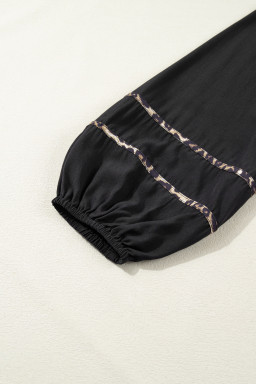 Black Contrast Leopard Trim Split Neck Long Sleeve Casual Midi Dress