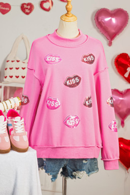 Bright Pink Mock Neck Sequin KISS Lips Reversible Double Wear Sweatshirt