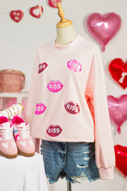 Apricot Pink Mock Neck Sequin KISS Lips Patched Oversize Sweatshirt